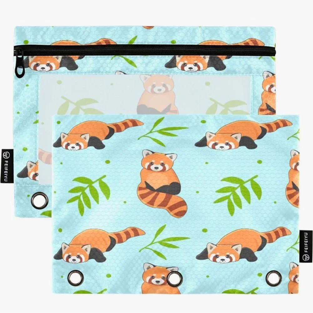 NWOT Feifeiyu Aqua Red Panda 3-Ring Binder Zippered Pencil Case